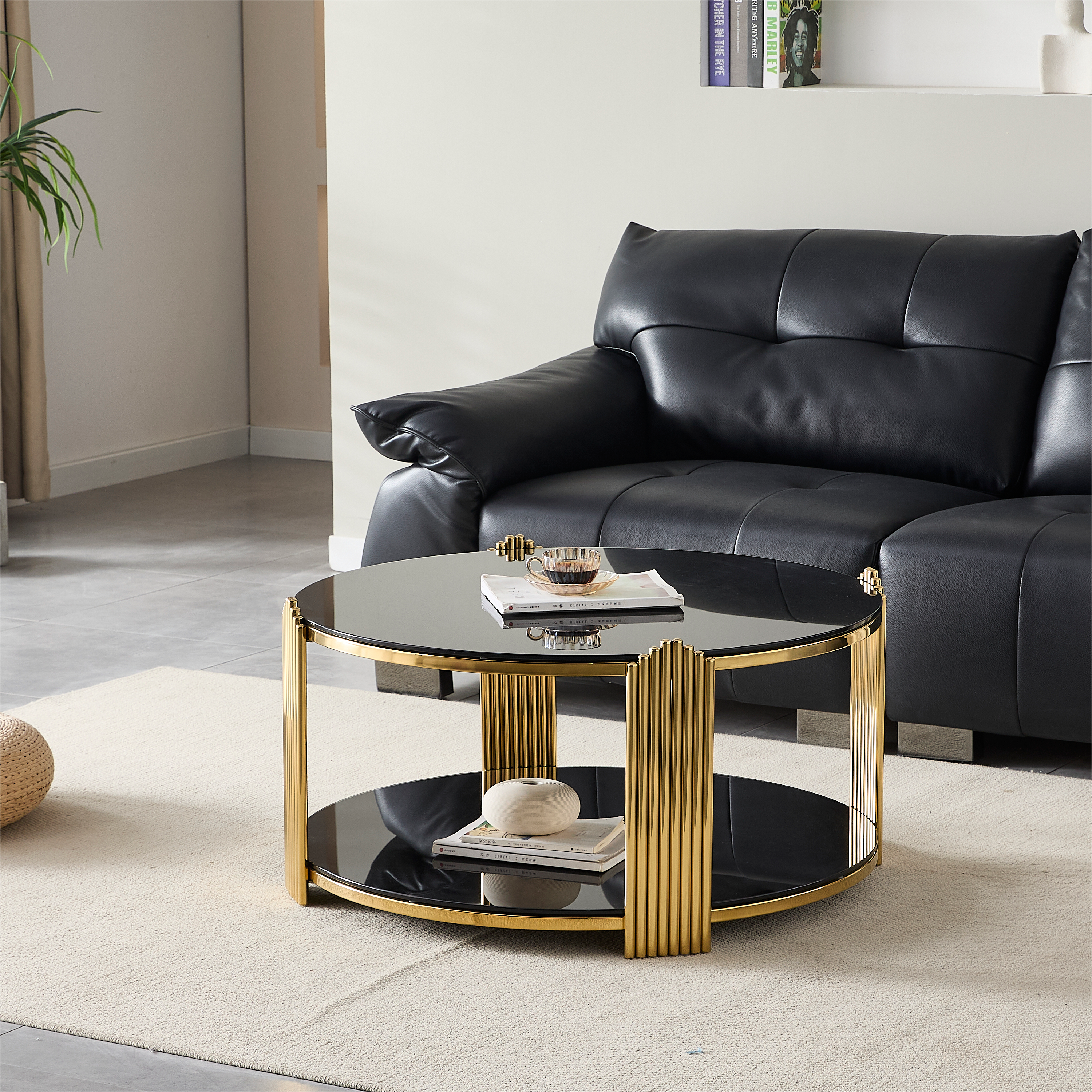 Modern Coffee Table, Double-Layer Tempered Black Glass & Gold Stainless Steel Frame