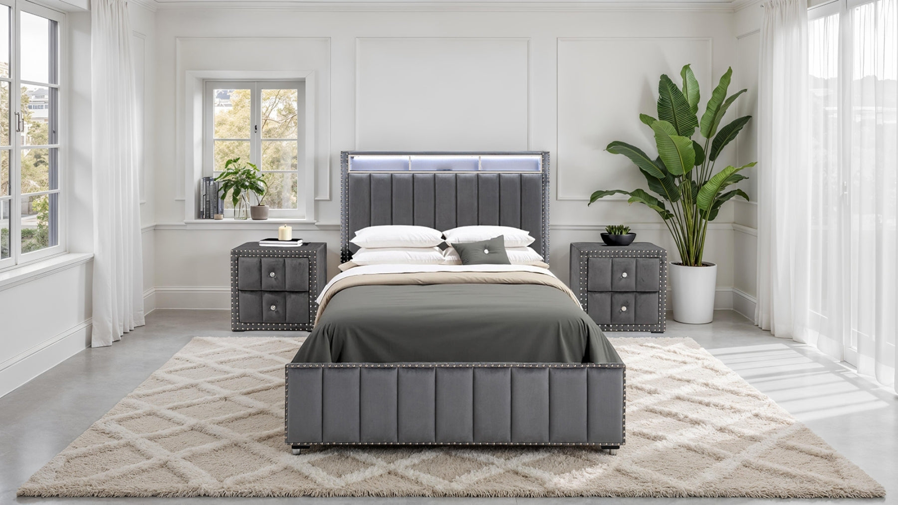 Dark Gray Contemporary 3pc Bedroom Set Full Size Bed 2x Nightstands