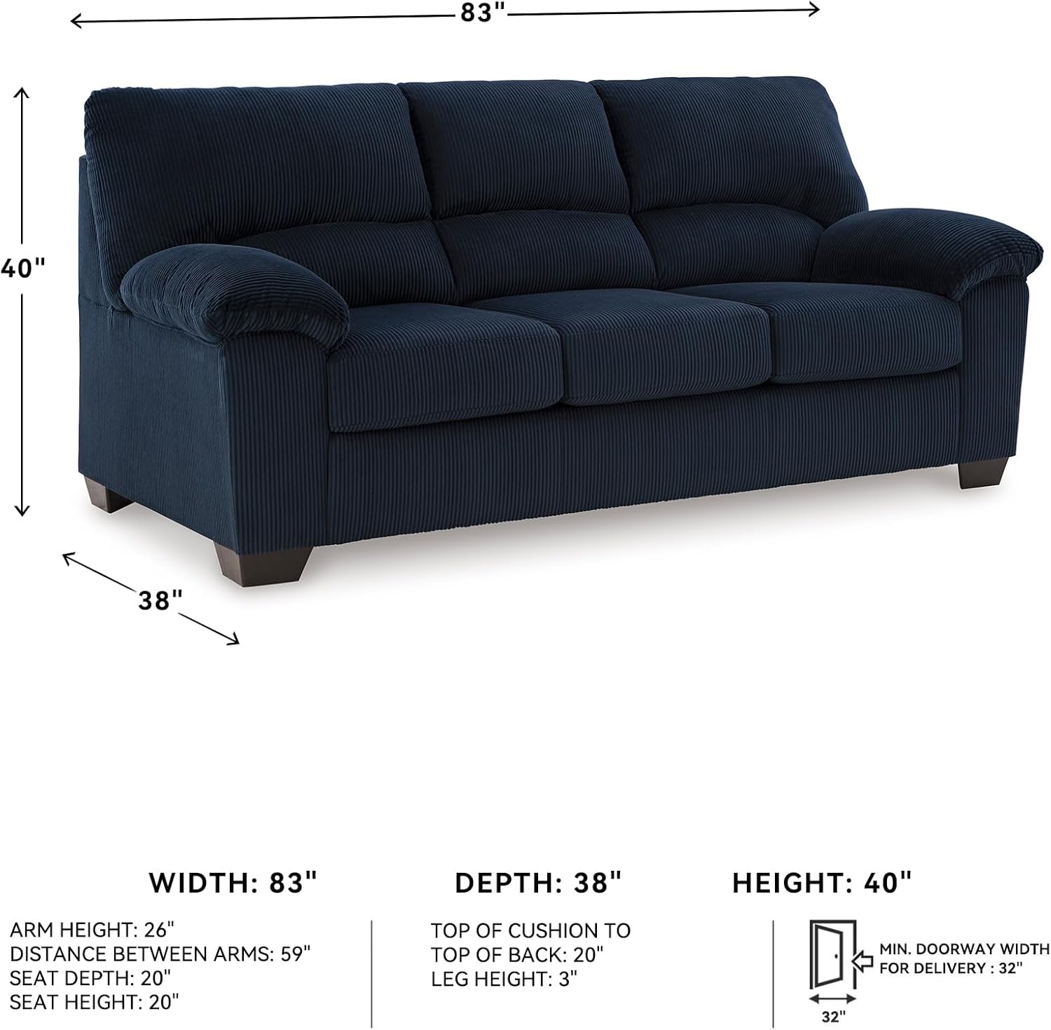 Blue Corduroy Contemporary Sofa For Comfortable Living-2