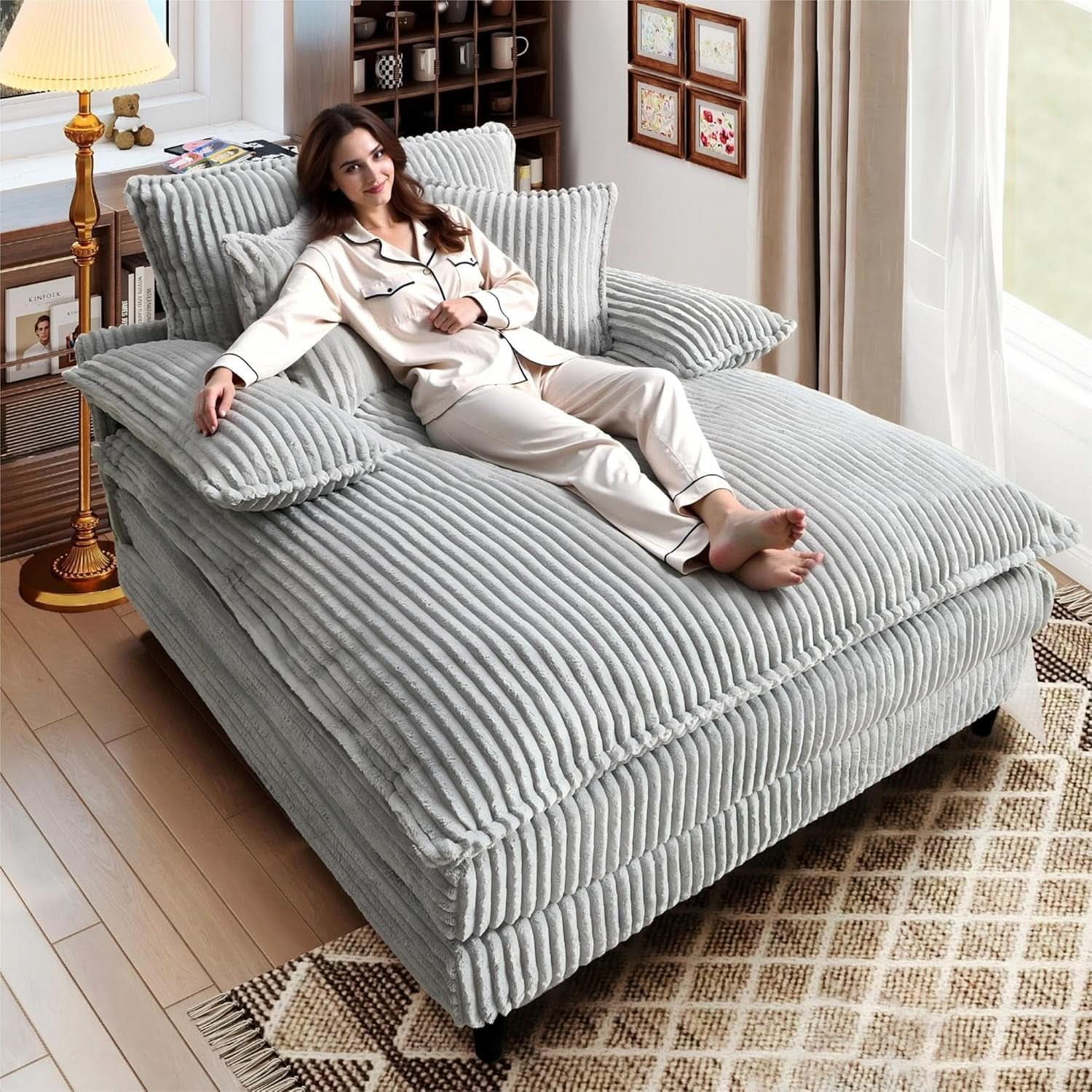 Cream Gray Oversized Chaise Lounge Adjustable Backrest-3