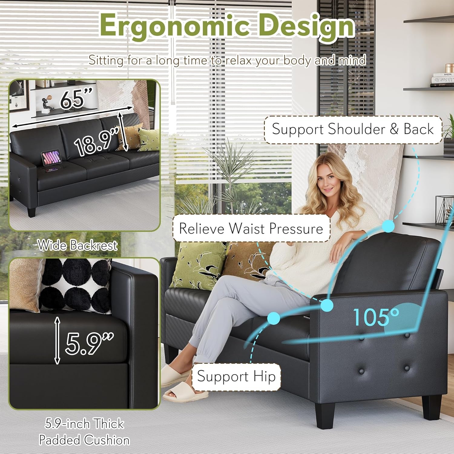 Black Seventy ThreeInch Three Seater Sofa For Living Room-4