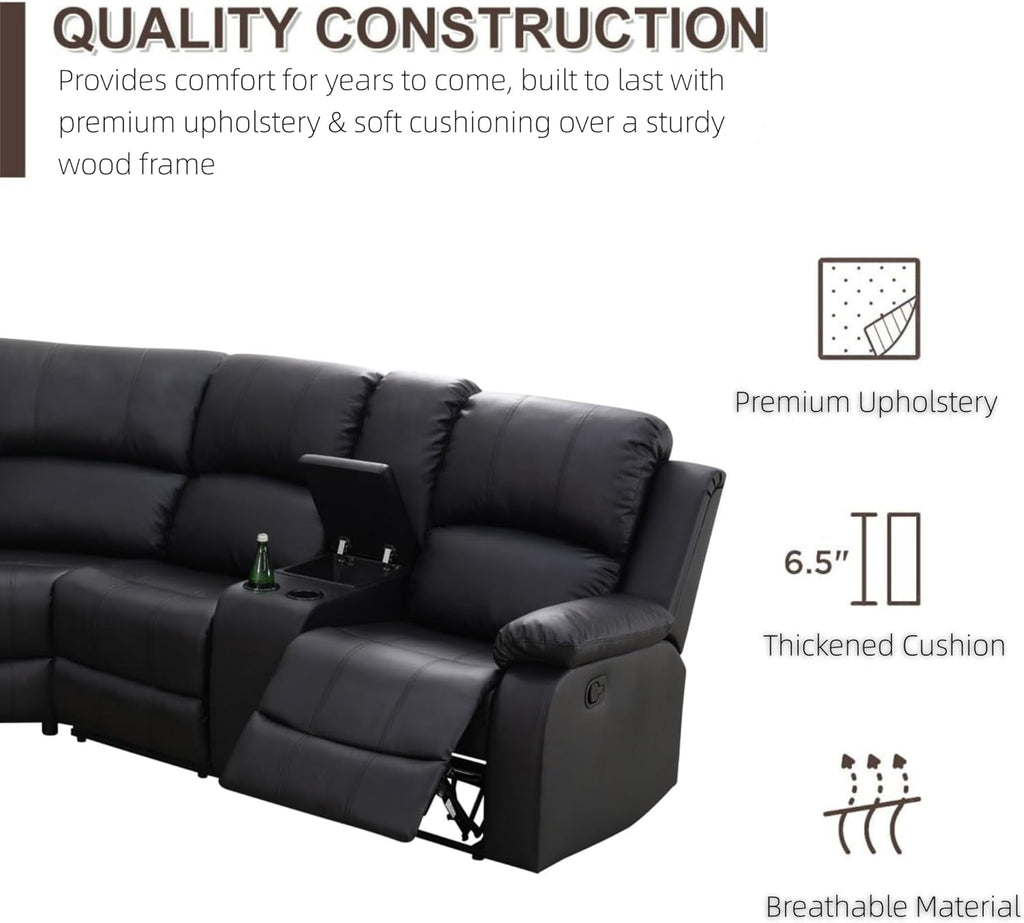 Manual Recliner Sectional Sofa Set Bonded Leather Black-4