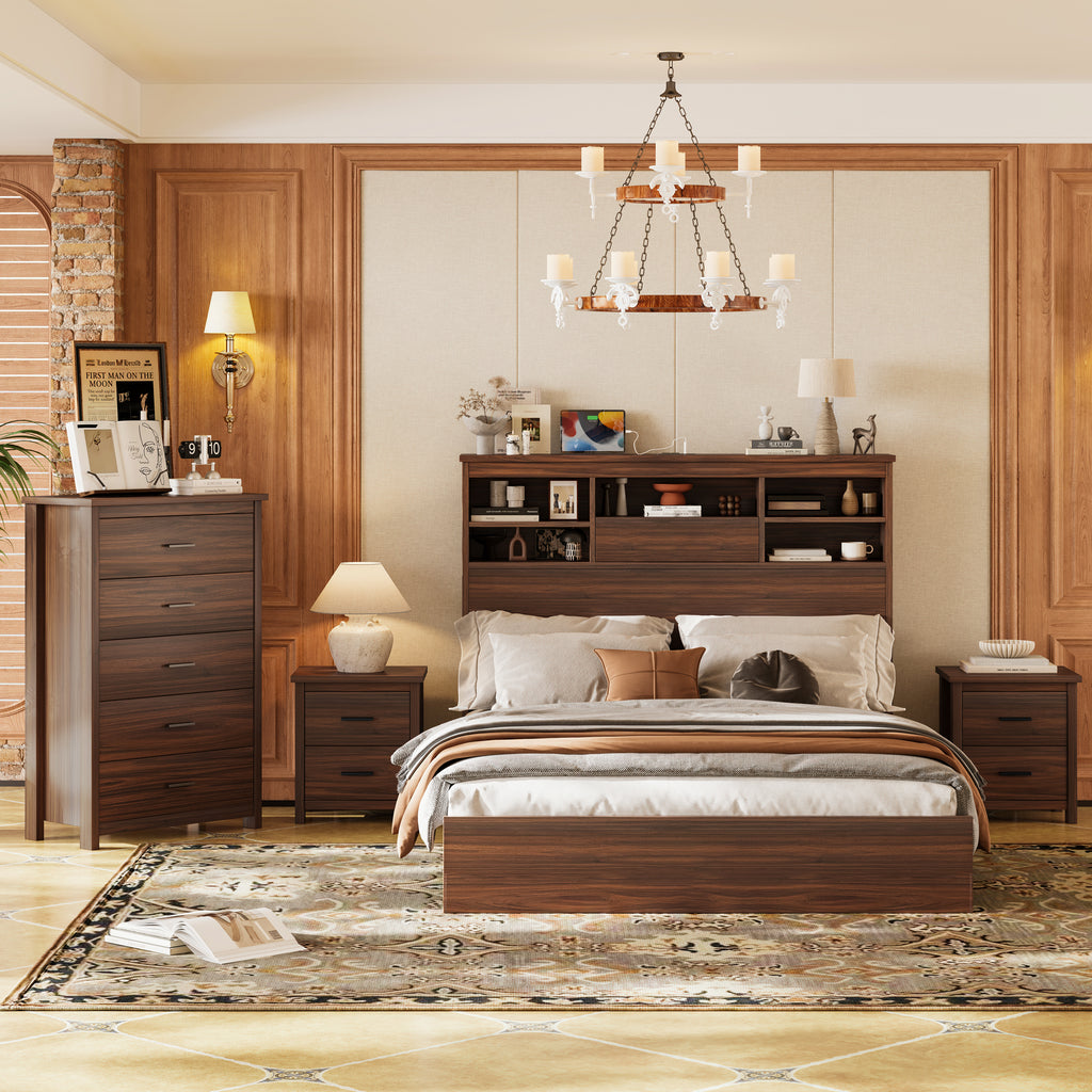 4PCS  Wooden Queen Size Bed Frame with Storage Headboard and Charging Station