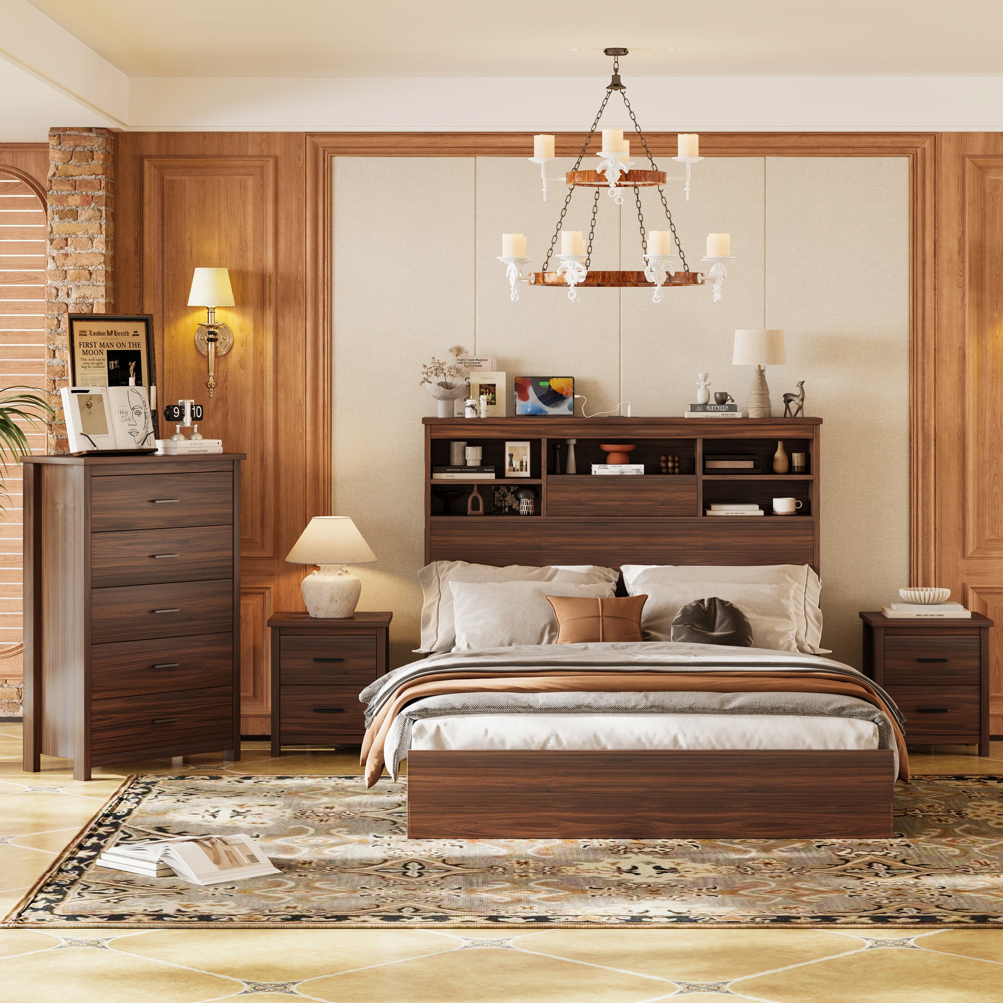 4PCS  Wooden Queen Size Bed Frame with Storage Headboard and Charging Station