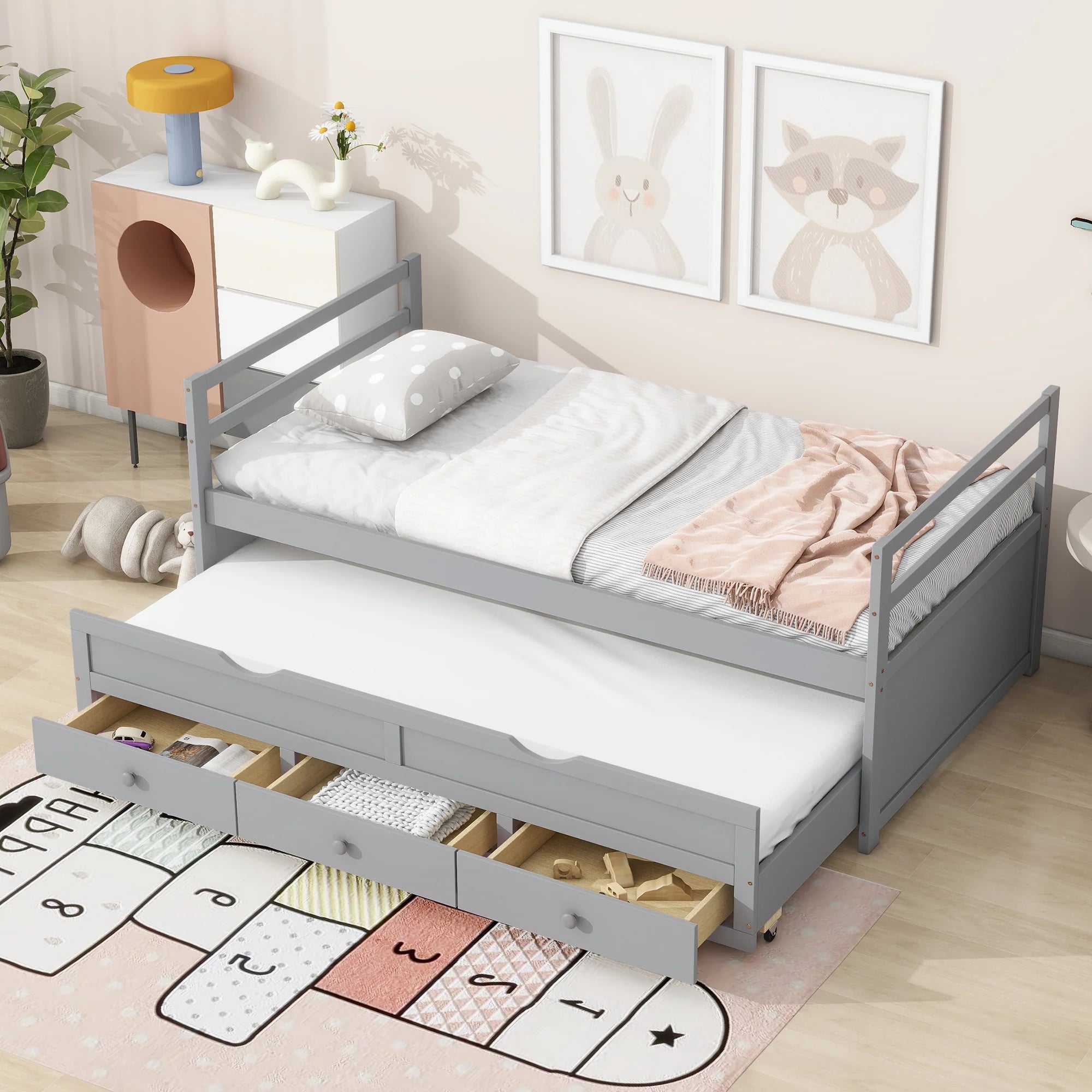 Twin Size Bed with Headboard, Footboard, Trundle and Three Storage Drawers, Twin Size Pine Wood Bed with Headboard, Footboard,Grey