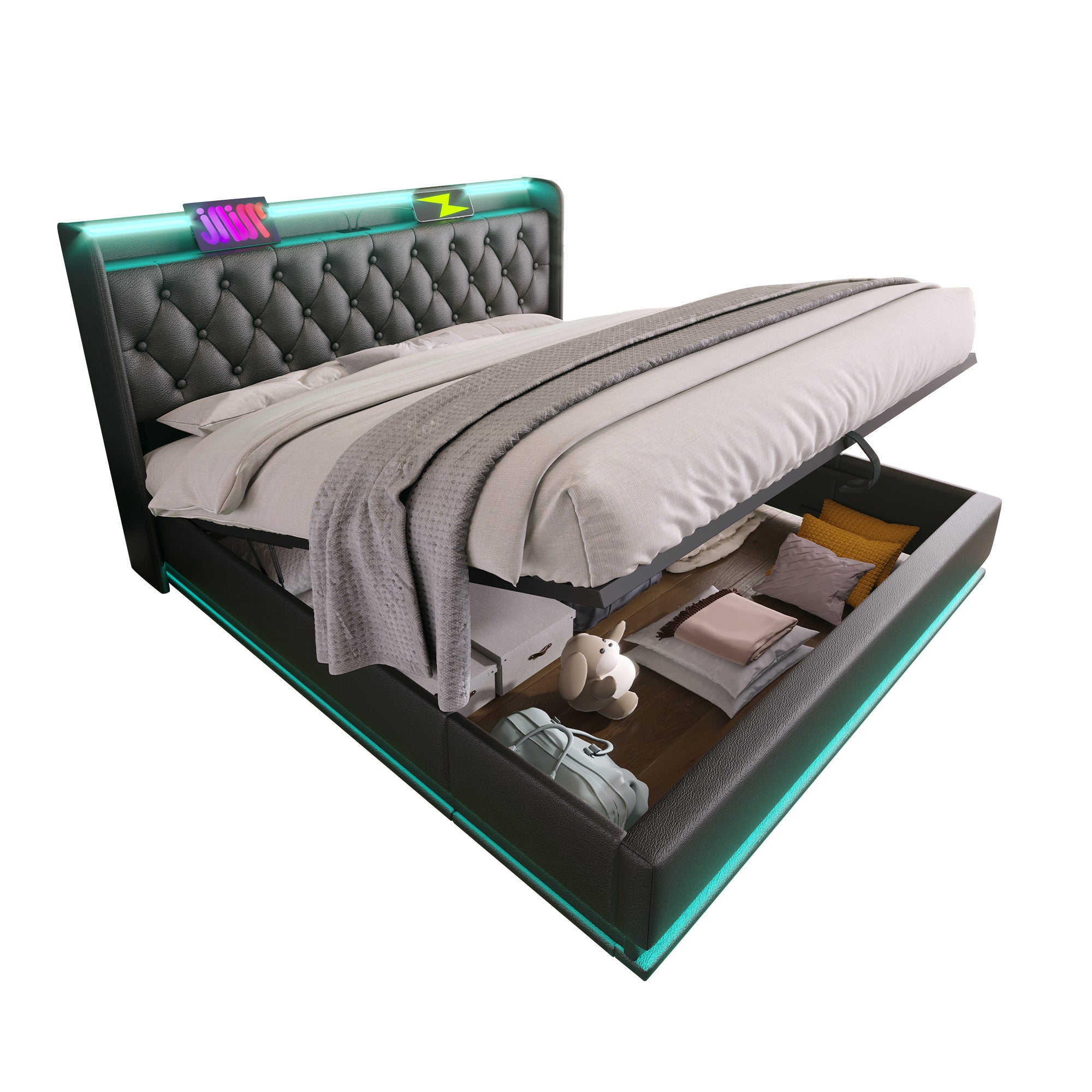 King size Upholstered bed, 360 surround LED function, Buttons/Apps/Remote Control, hydraulic storage bed with USB Type-C charging, Black, PU (Without mattress)