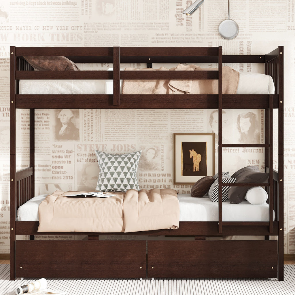 Twin Over Twin Rubber Wood Bunk Bed with 2 Drawers, Convertible into 2 Twin Beds, Twin Size Bunk Bed with Ladder and Safety Guardrails,Espresso (Old Sku W504S00200)