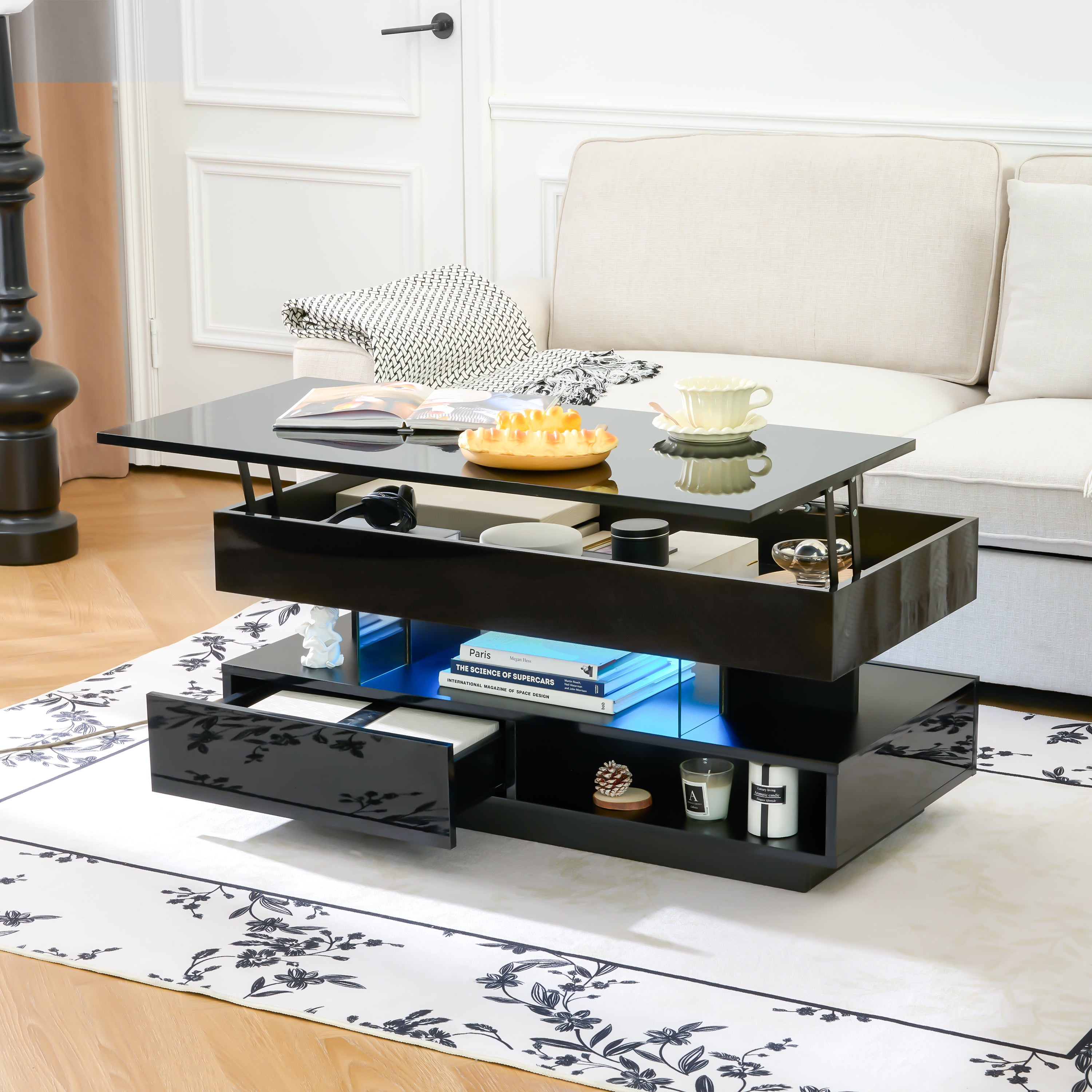 39.3' Lift Top Coffee Table with Hidden Compartment, 2 Storage Drawers and Ajustable LED Lights,Modern Multifunction Coffee Tables for Living Room, Bedroom,Office(Black)
