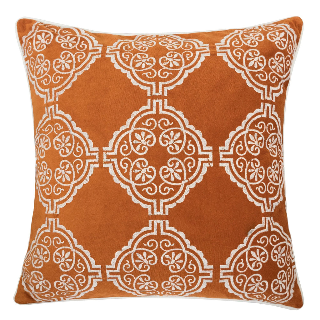 Boho Burnt Orange Damask Embroidered Throw Pillow