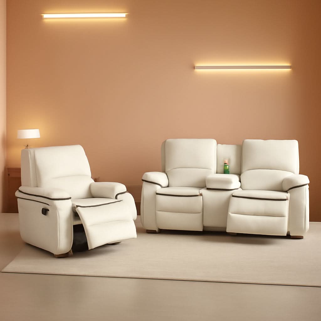 Cream White Bonded Leather Recliner Sofa Set With Manual Recliner-0