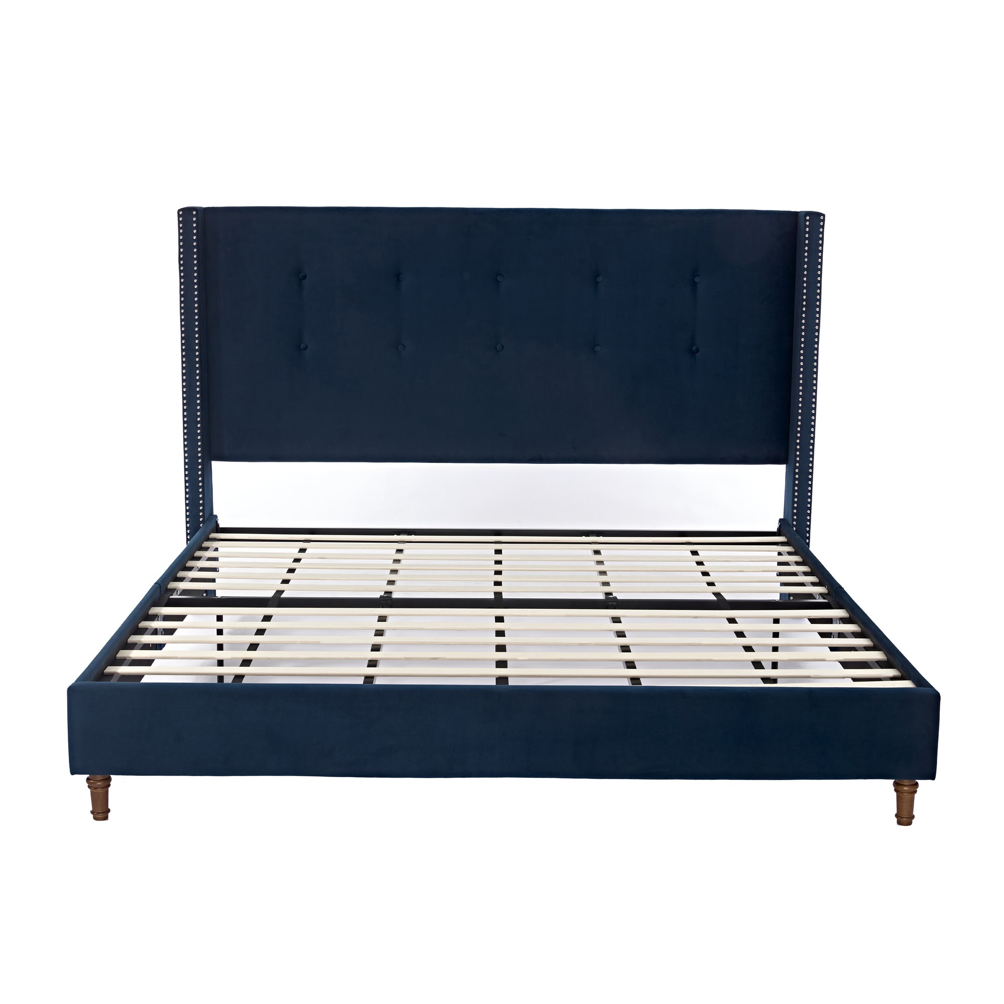Peyton Upholstered King Bed with 54' High Headboard and Nailhead Trim Wingback in Blue Velvet, No Box Spring Needed