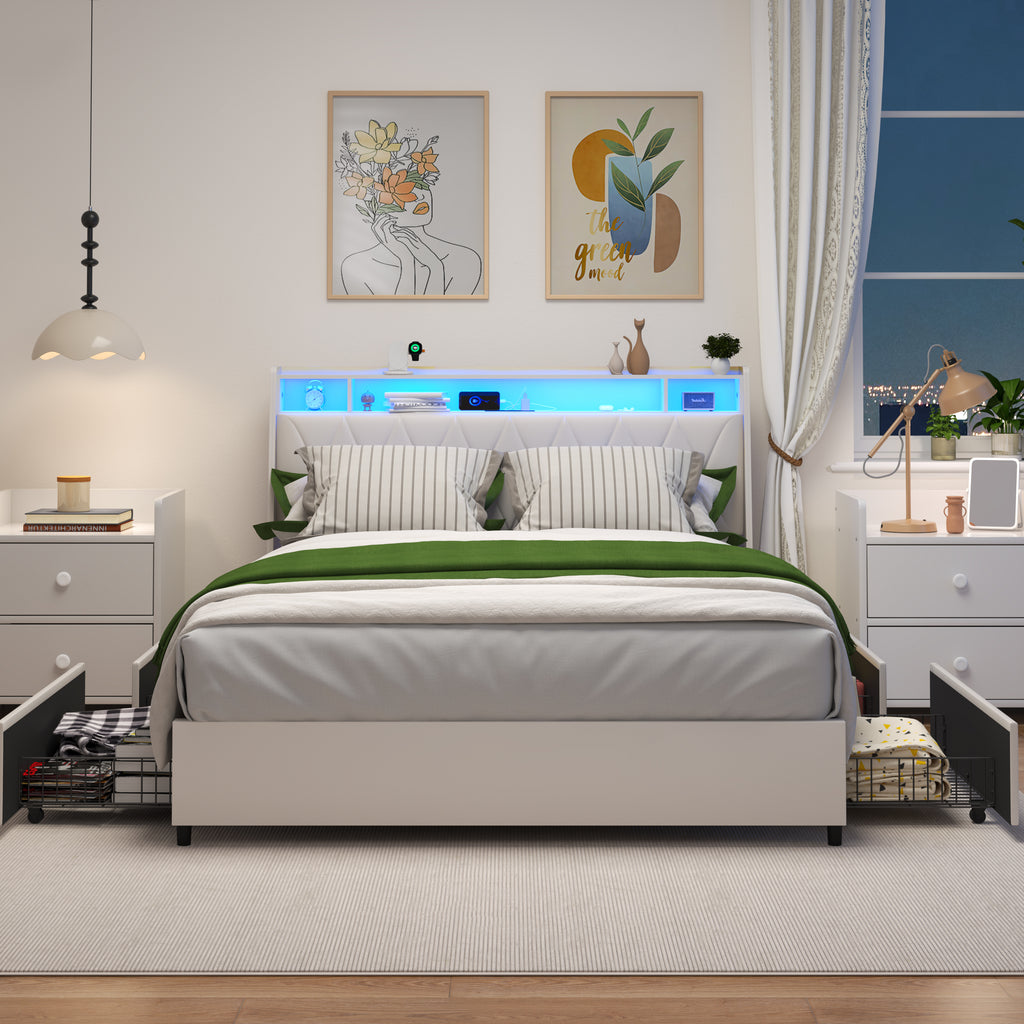 Queen Bed Frame with Ergonomic Headboard, Platform Bed Frame Queen Size with Outlets & Charger & LED Light, Metal Bed Frame Queen Size with Storage Shelf, Noise-Free, No Box Spring Needed