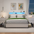 Queen Bed Frame with Ergonomic Headboard, Platform Bed Frame Queen Size with Outlets & Charger & LED Light, Metal Bed Frame Queen Size with Storage Shelf, Noise-Free, No Box Spring Needed