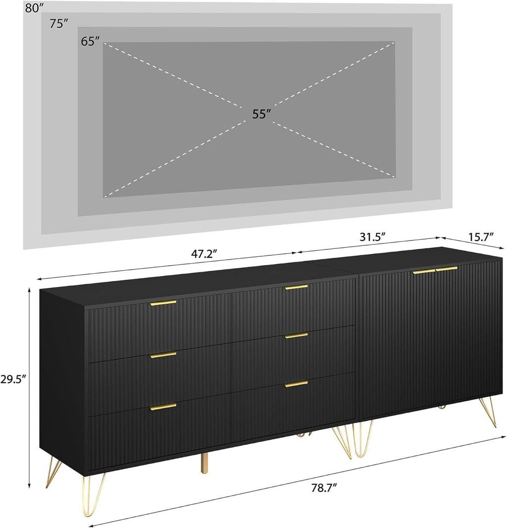 78 Inch TV Entertainment Stand Black With Fluted Shelves