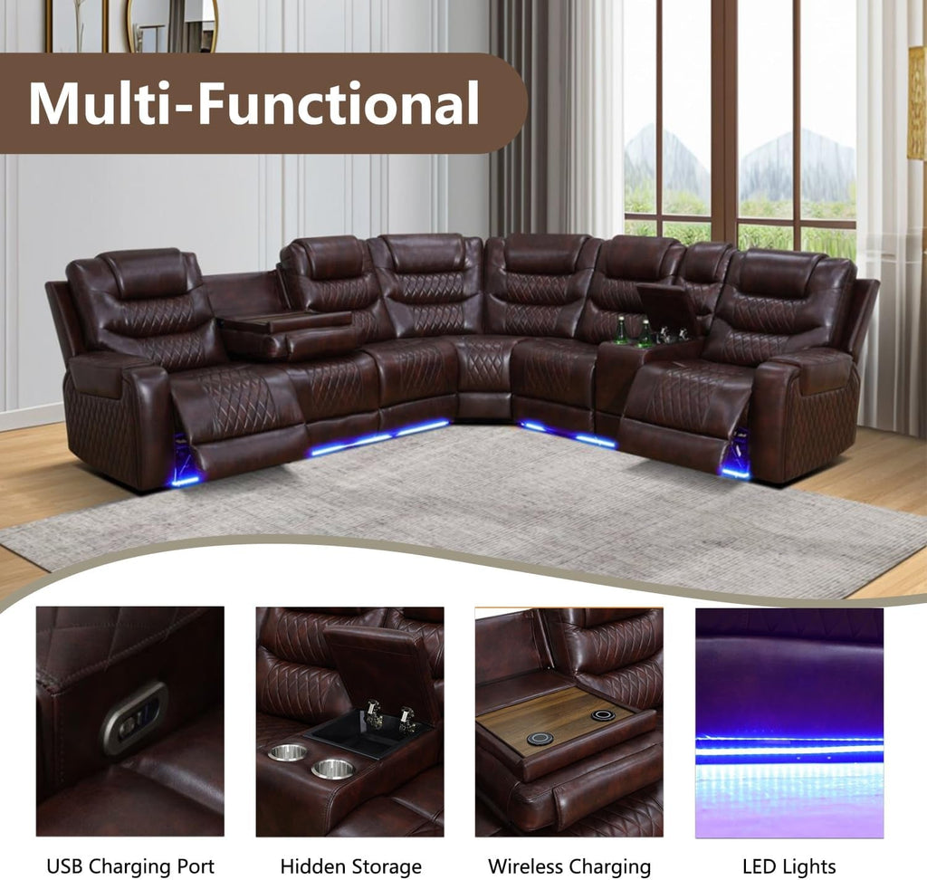 Motorized Recliner Sectional Sofa LED Lighting Brown-2