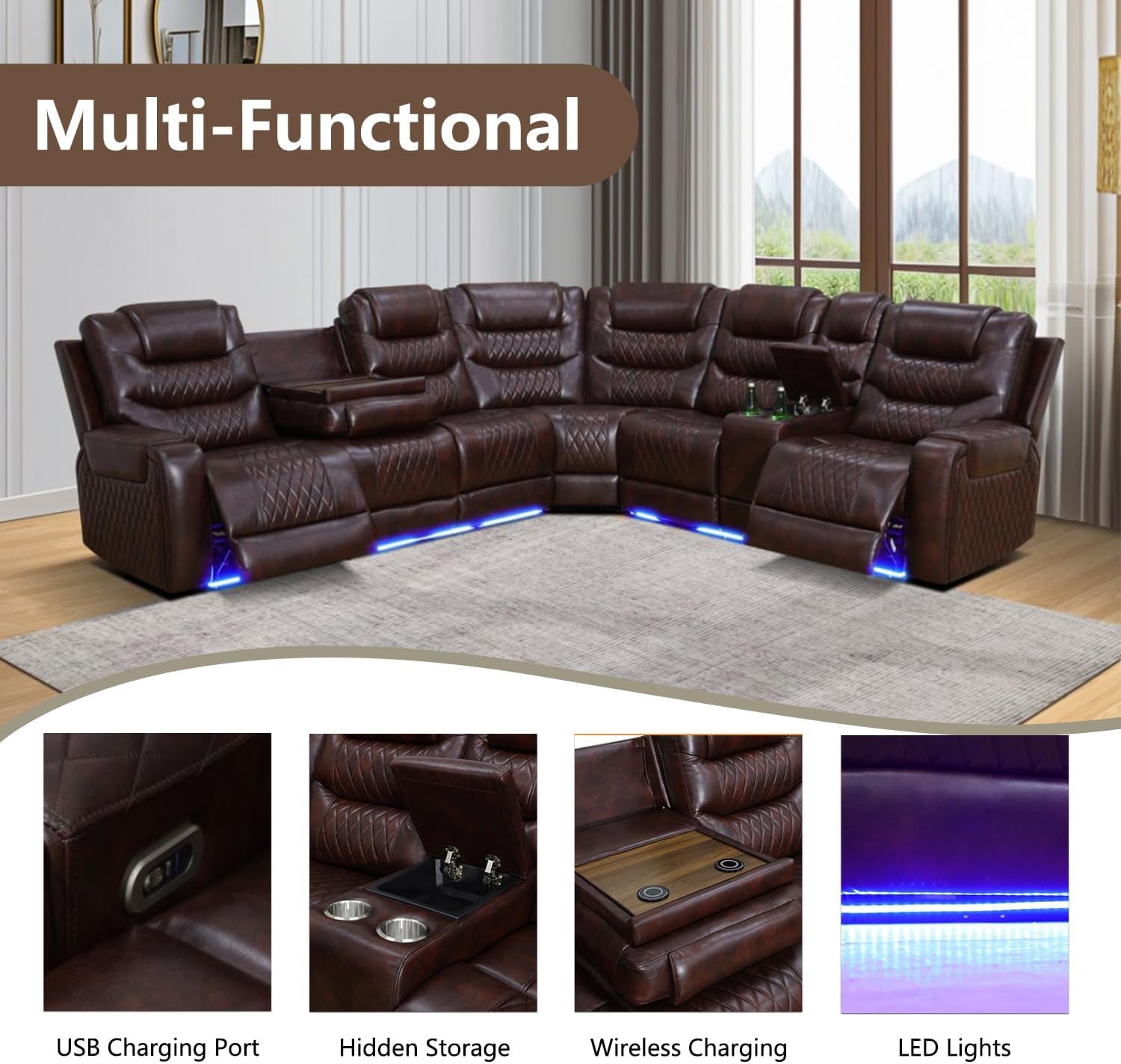 Motorized Recliner Sectional Sofa LED Lighting Brown-2