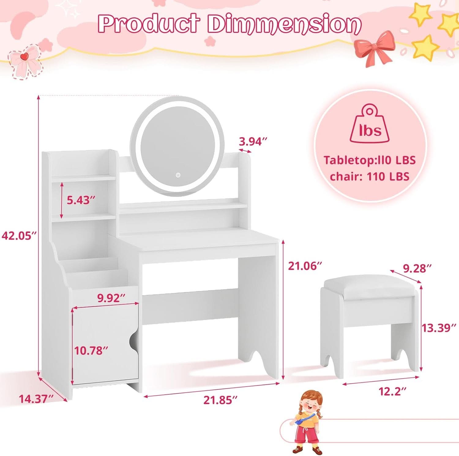Kids Vanity Table Illuminated Ambient LED Lighting White-1