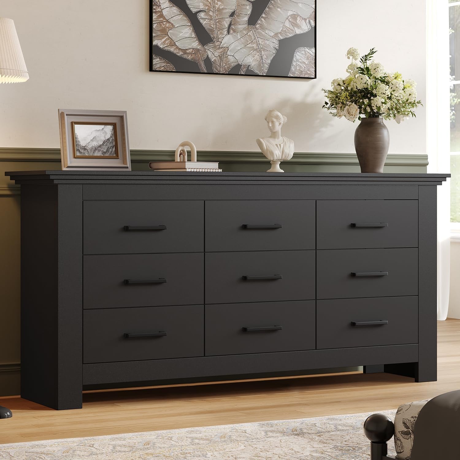 Black Vintage Ornate Solid Wood Dresser With Nine Drawers