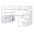 White Full Size Loft Bed with Desk, Shelves, Two Drawers, Storage Staircase, Solid Pine Wood
