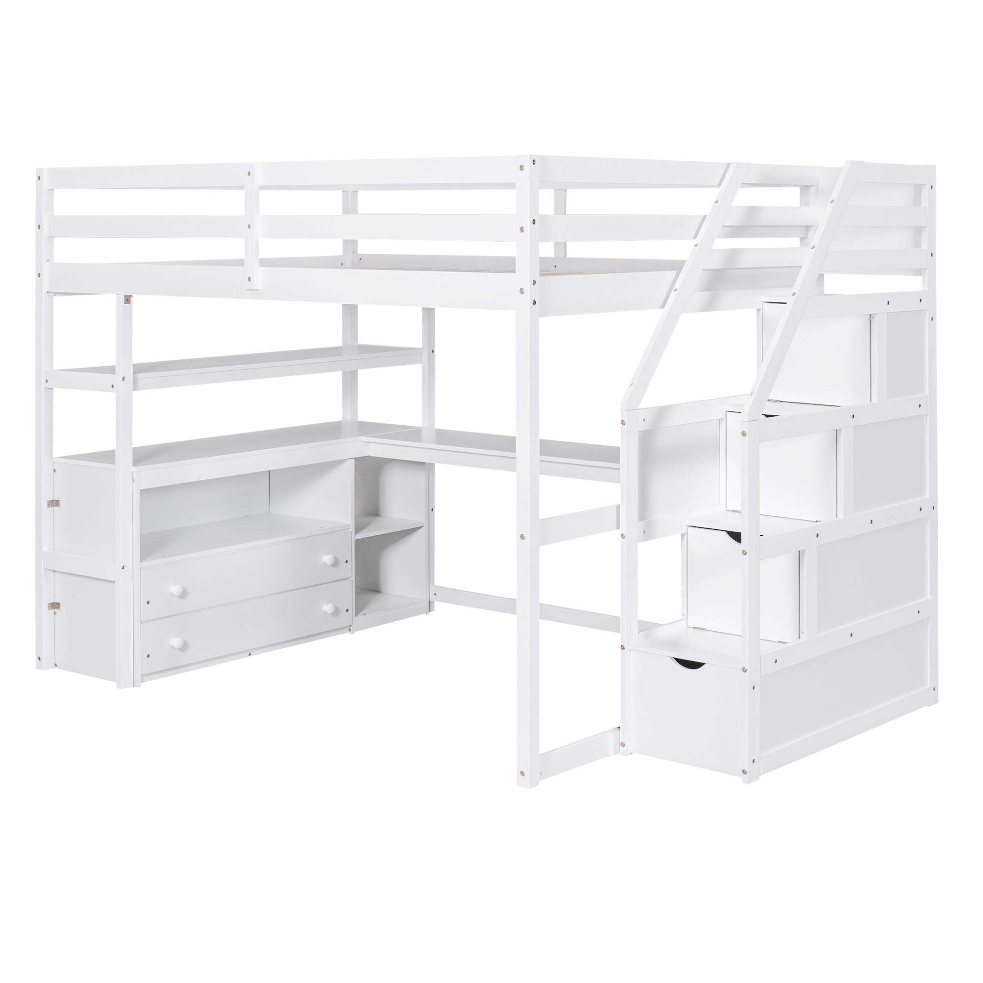 White Full Size Loft Bed with Desk, Shelves, Two Drawers, Storage Staircase, Solid Pine Wood