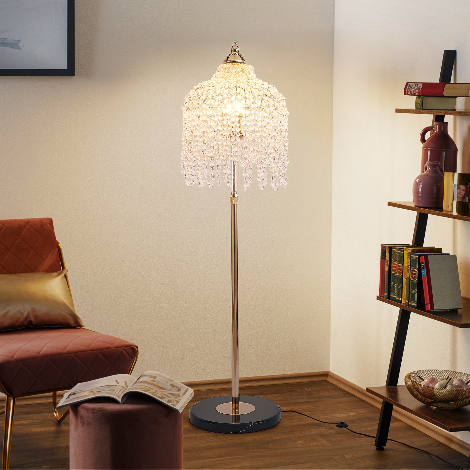 3-Light Elegant Crystal Floor Lamp – Vintage Waterfall Design with Grape-Shaped Crystal Bead Strings and Marble Texture Base for Living Room, Bedroom, or Office Décor (Bulb Not Included)