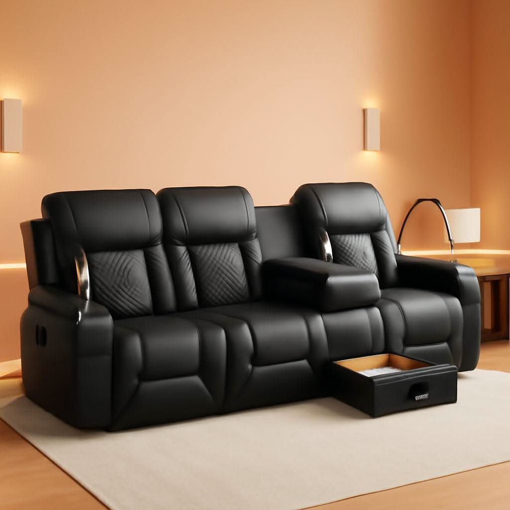 Black PU Leather Four Seater Recliner With USB Ports-0