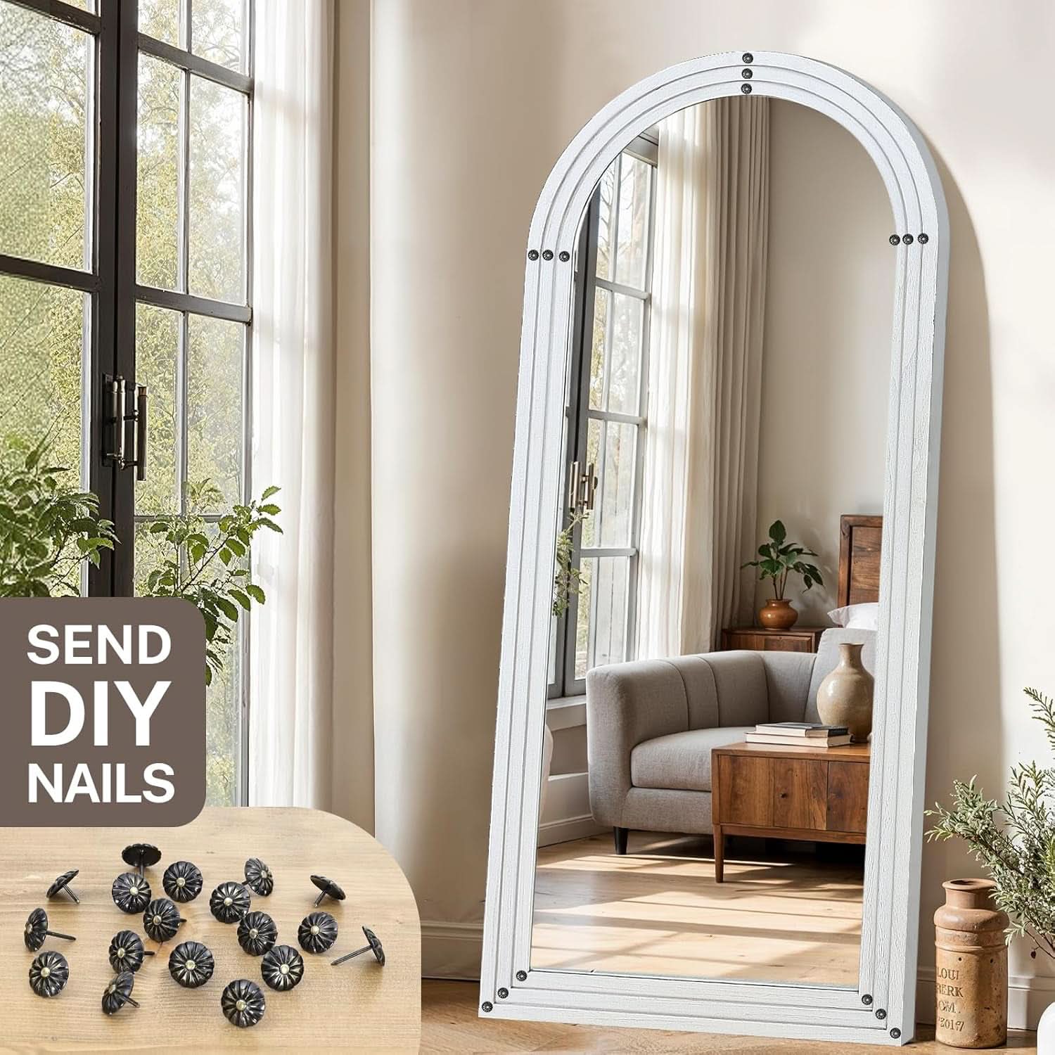 71x30 Full Length Arched Mirror Handcrafted Rustic White
