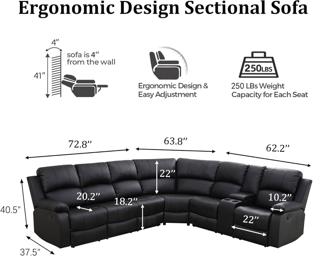 Manual Recliner Sectional Sofa Set Bonded Leather Black-1