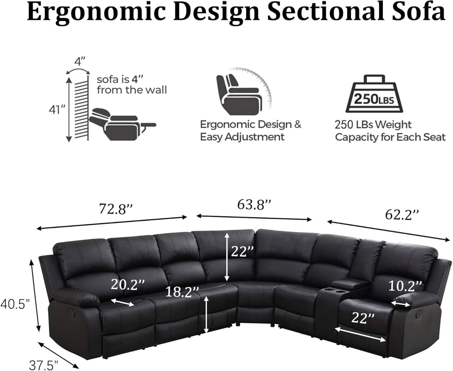 Manual Recliner Sectional Sofa Set Bonded Leather Black-1