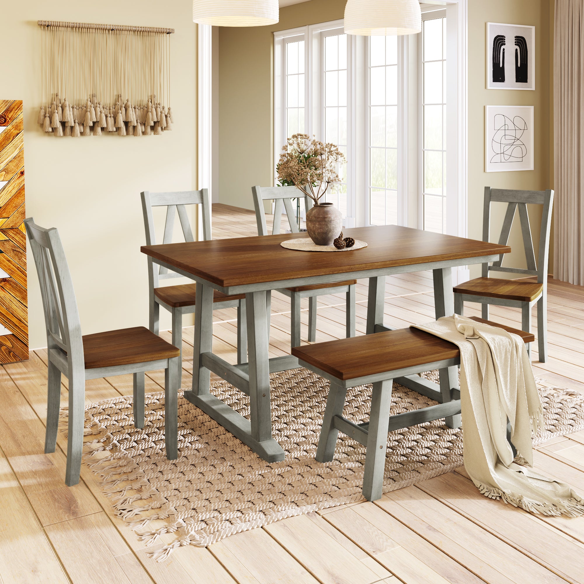 TOPMAX 6-Piece Wood Dining Table Set Kitchen Table Set with Long Bench and 4 Dining Chairs, Farmhouse Style, Walnut+Gray(old sku:SP000256)