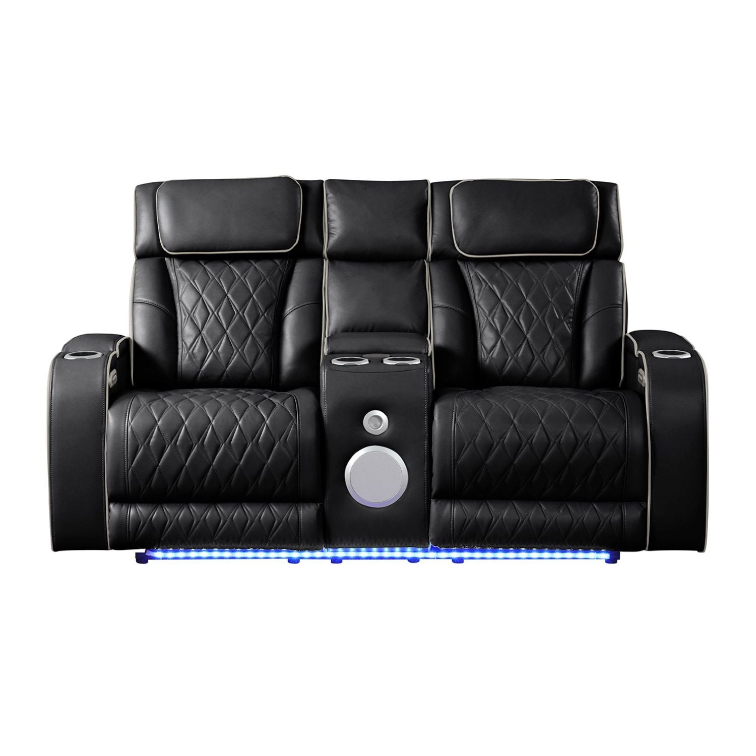 Fortuner Power Reclining Loveseat in Black Faux Leather with Bluetooth Speakers, Massage Function, LED Lights, Wireless Charging and Console Storage