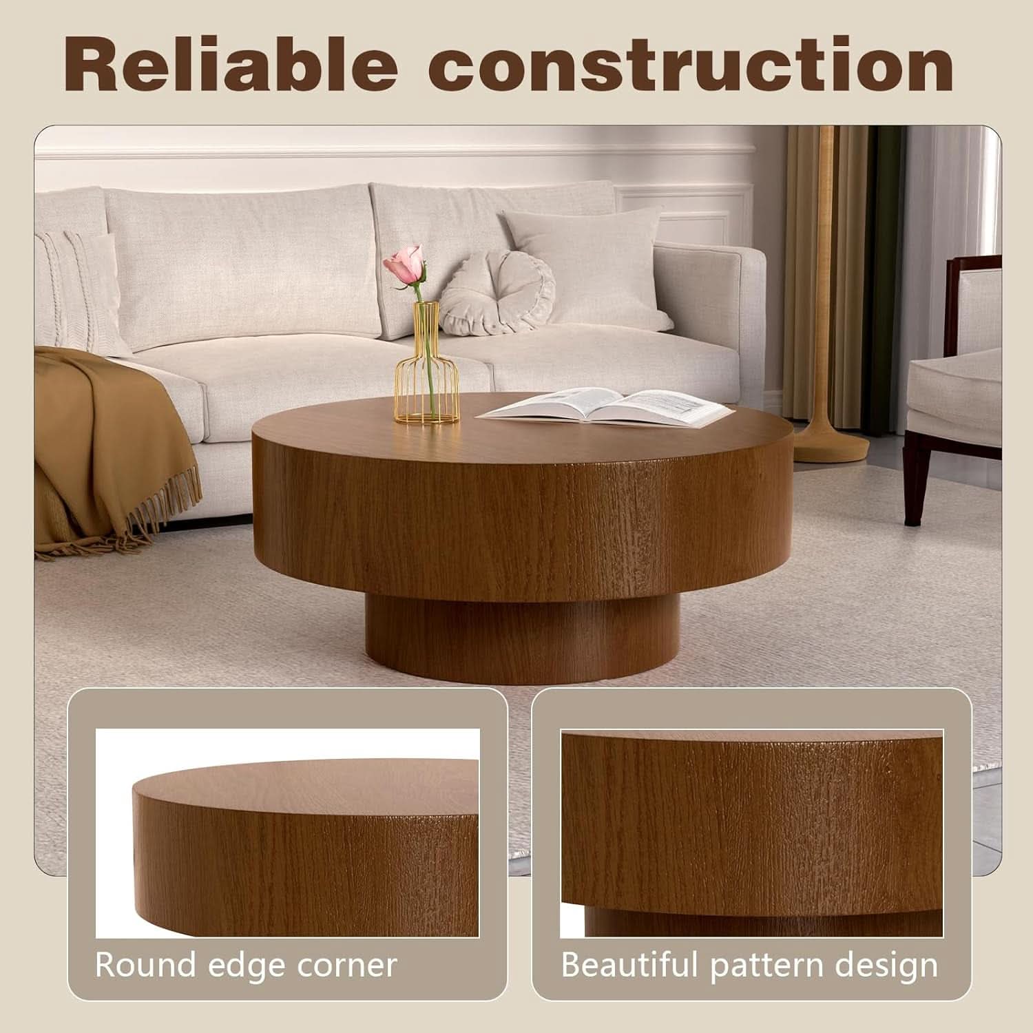 30.5Inch Circular Fluted Drum Coffee Table With Storage