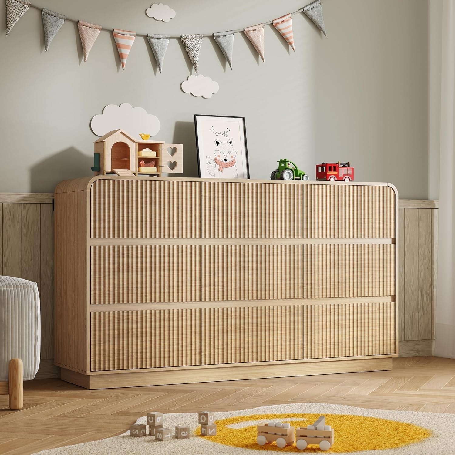 Walnut Finish Fluted Dresser With Space Saving Concealed Knobs