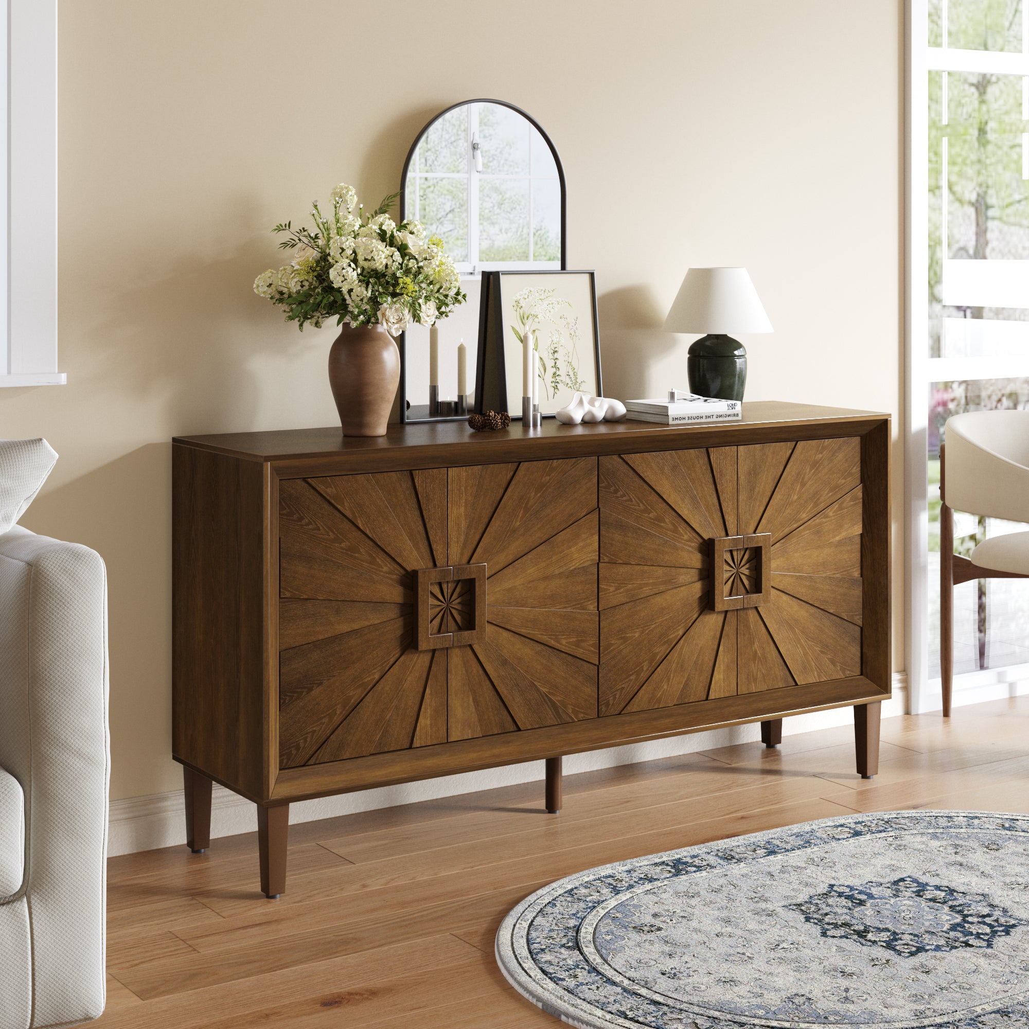 60'' Premium Rustic American Farmhouse Credenza - Symmetrical Sunburst Door Design, Heavy-Duty Antique Wood TV Stand with Adjustable Shelves, Storage Cabinet for Living Room/Kitchen (Antique Brown)