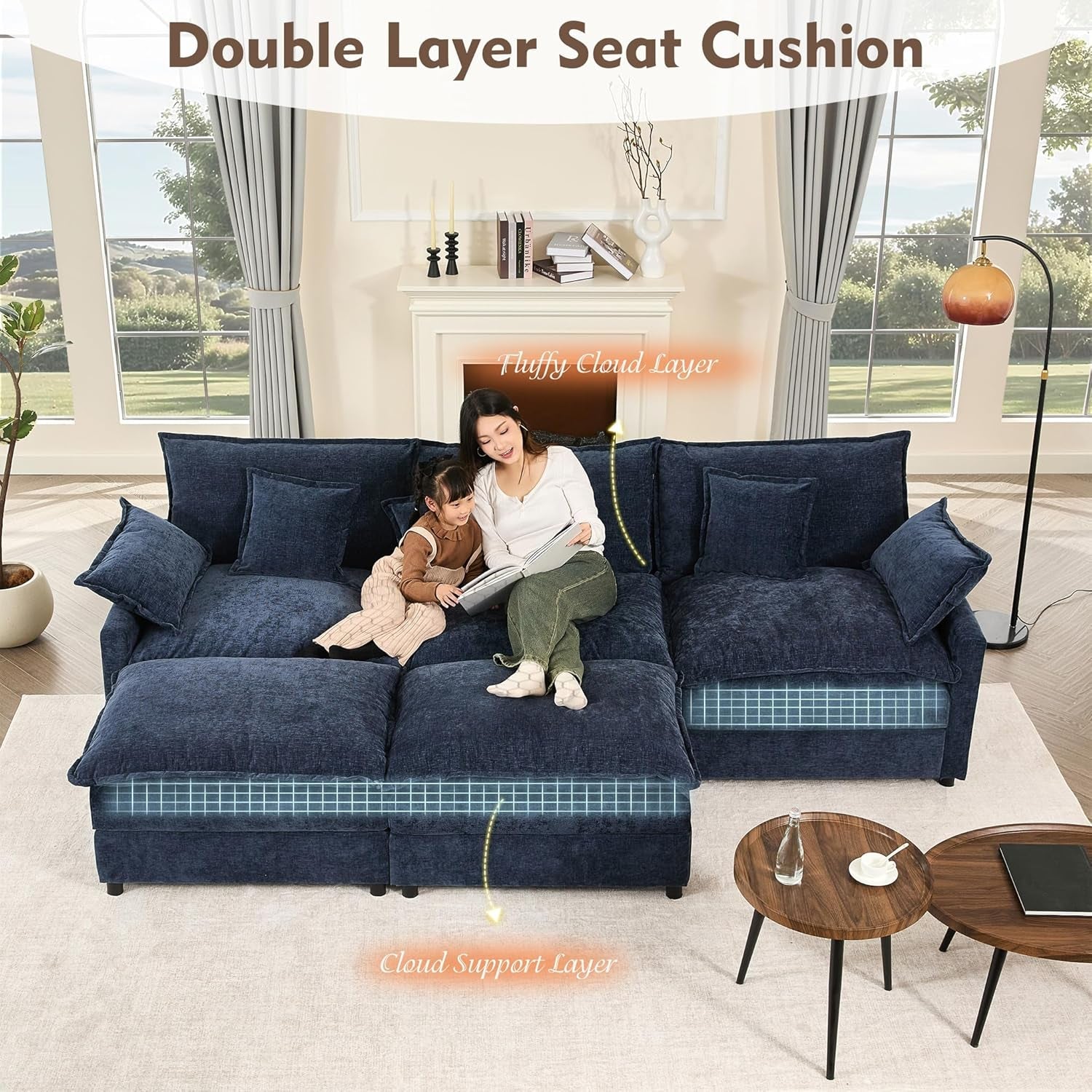Navy Chenille Luxe 108-Inch-Long U Shaped Sectional-3