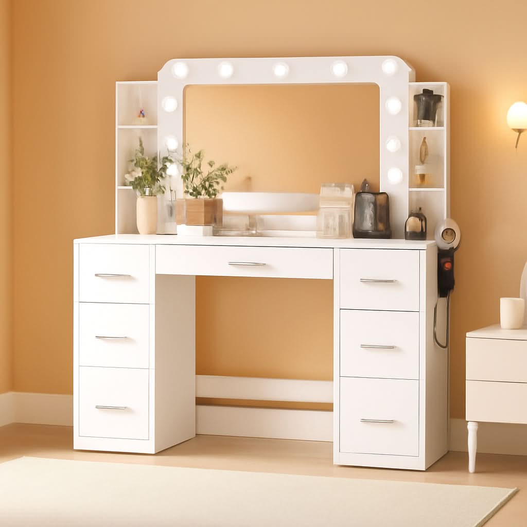 Makeup Vanity Desk White Illuminated Mirror Shelves-0