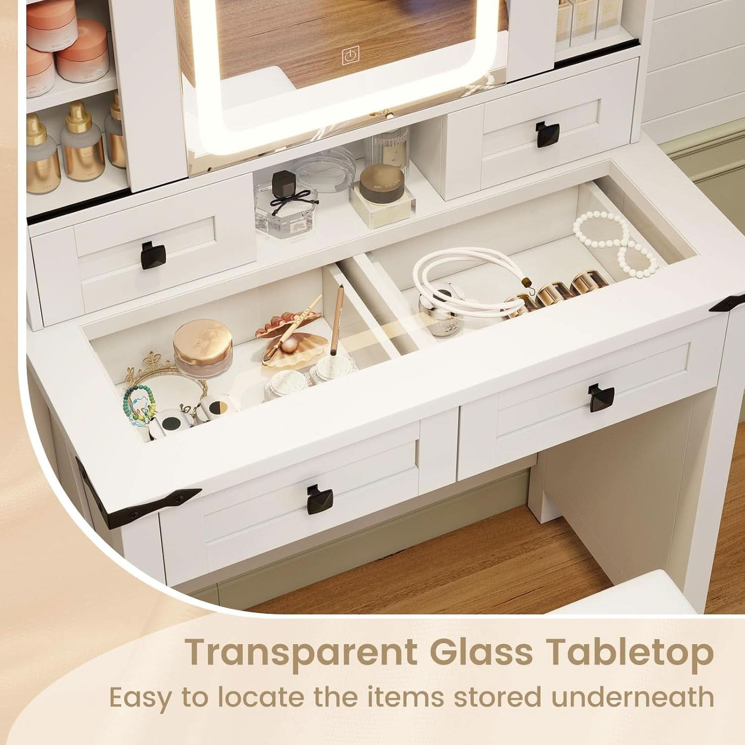 White Vanity Desk With Sliding Mirror Illumination-3