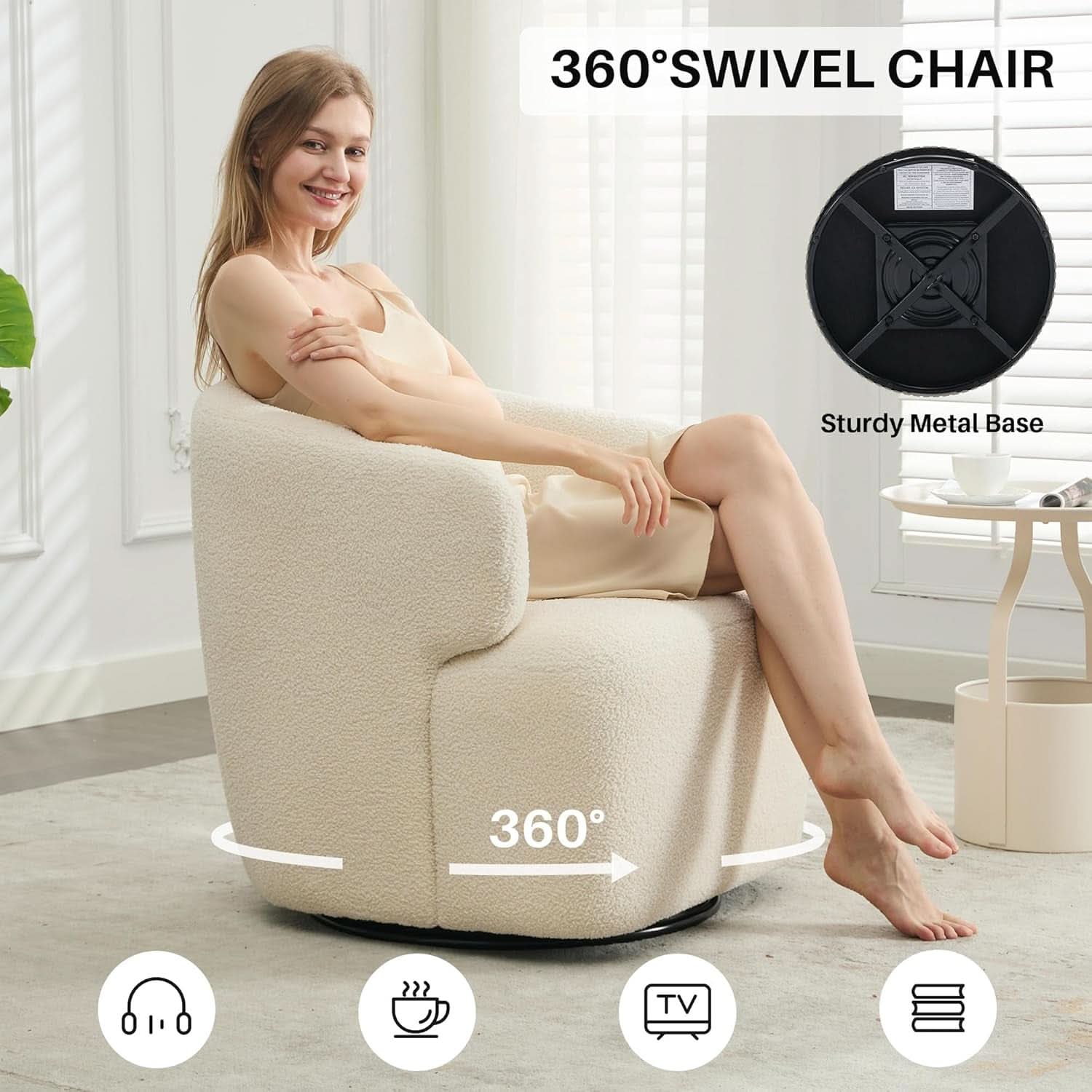 Beige Sherpa Boucle Swivel Barrel Chair Deluxe Premium-3