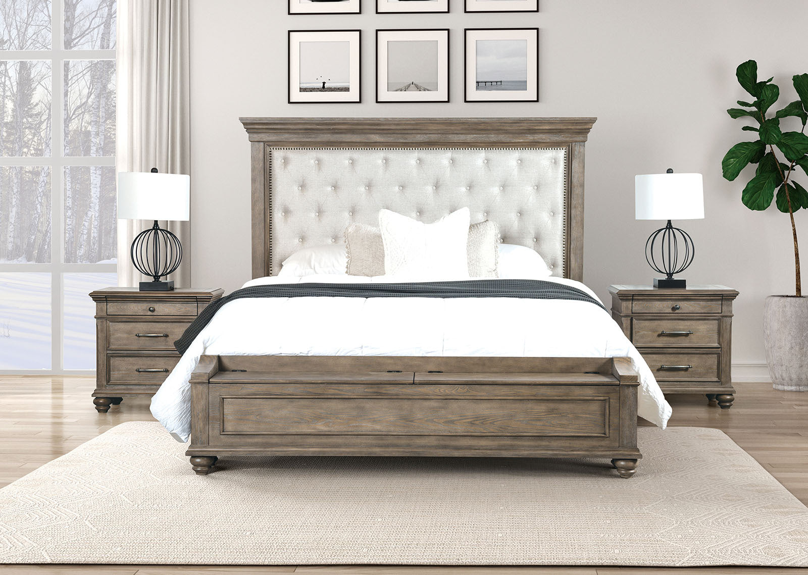 Traditional Bedroom 3pc Set Eastern King Size Bed 2x Nightstands Aged Oak Color FB Bench w Storage Beige Padded Fabric