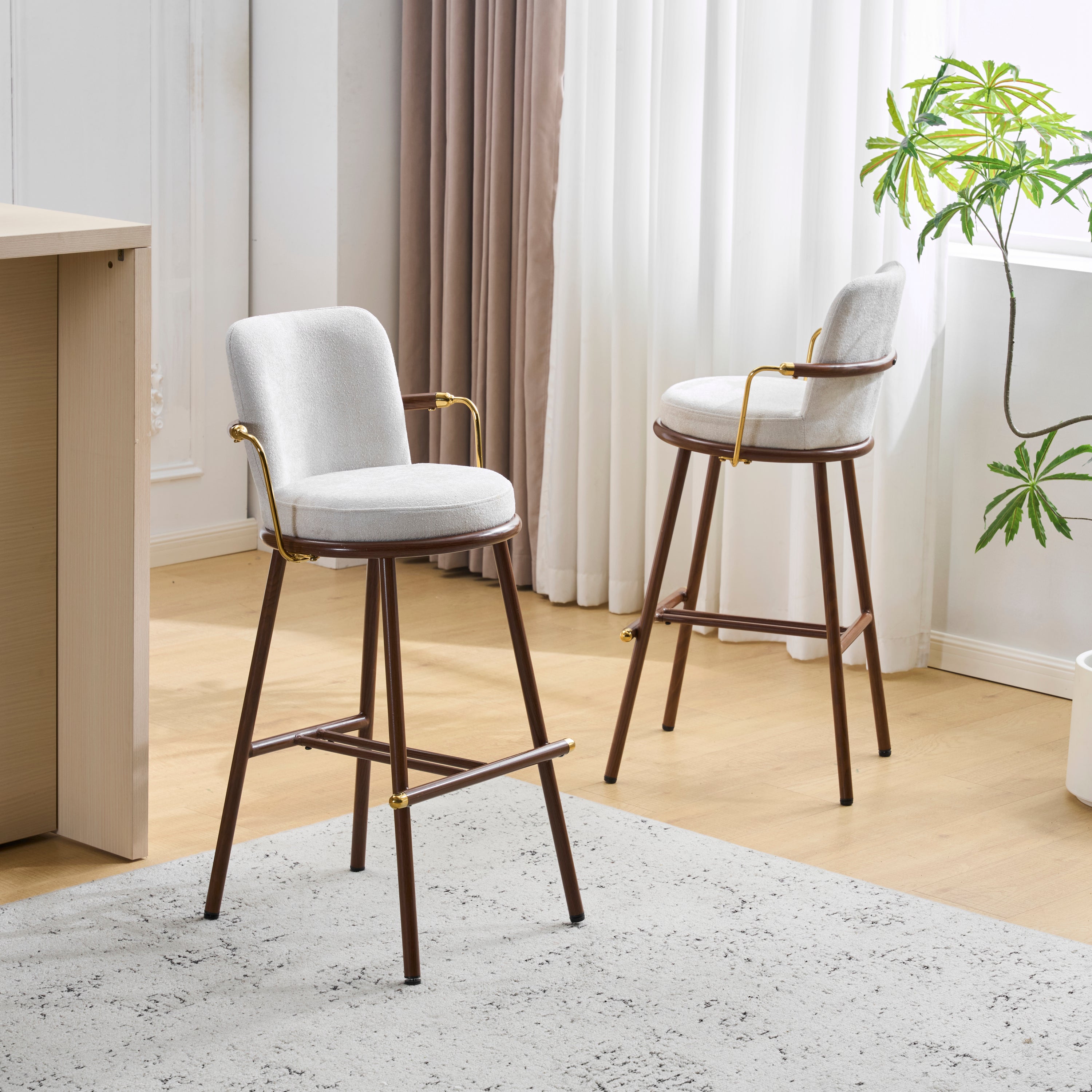Chaya Indoor Upholstered Bar Stool with Metal Frame, Walnut Finished and Beige Upholstery, Set of 2