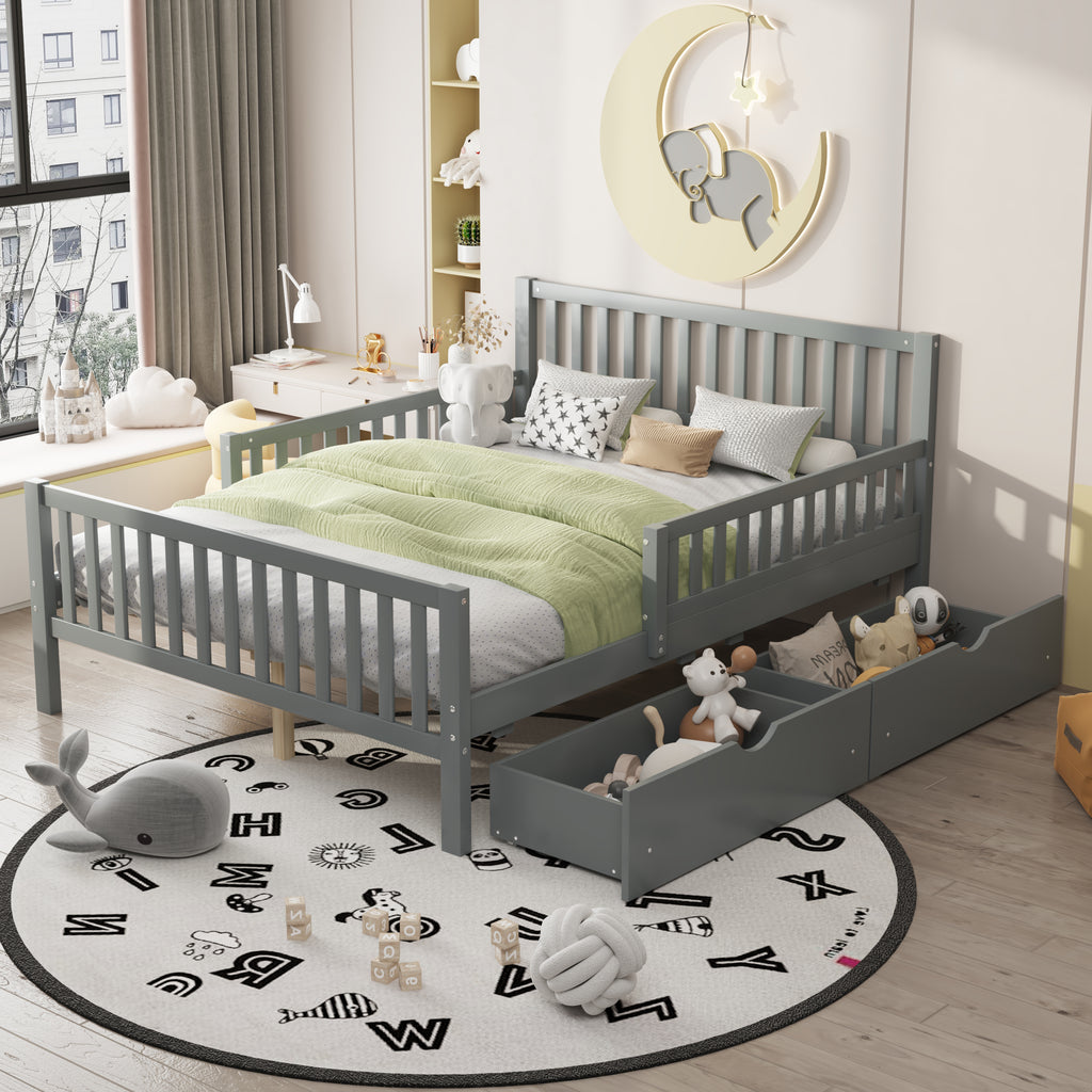 Full Size Wood Platform Bed with Guardrails on Both Sides and Two Storage Drawers, Gray