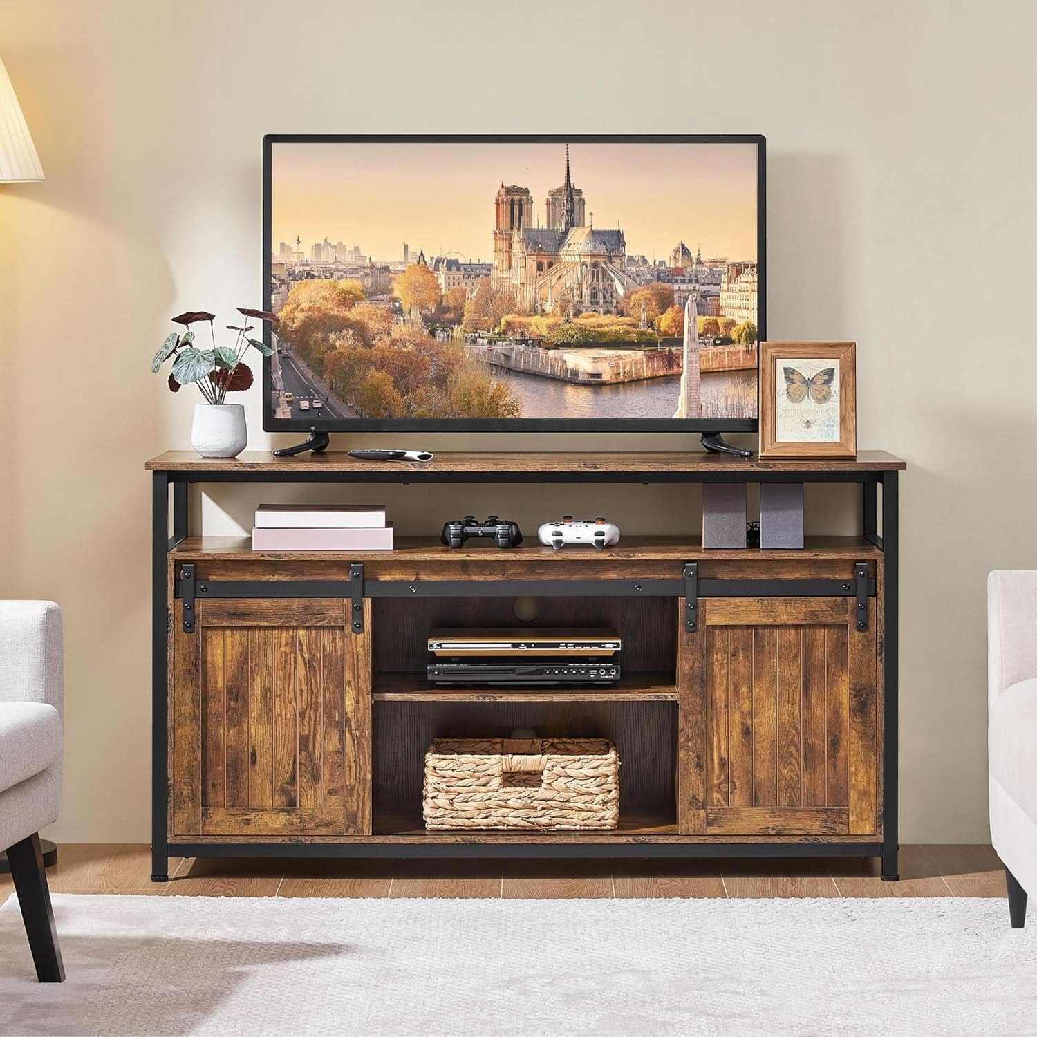Rustic Brown 65 Inch TV Stand With Sliding Barn Doors