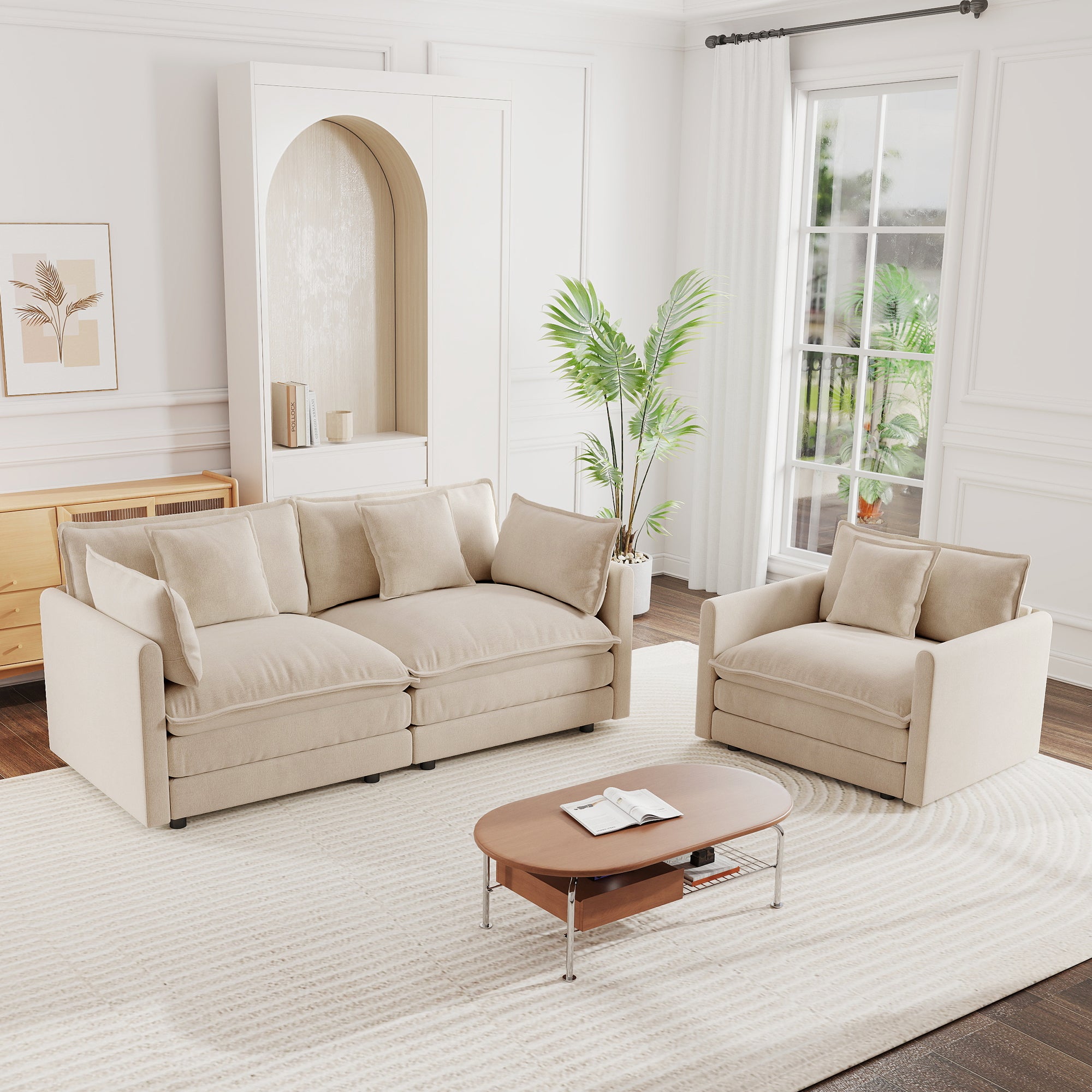 2 Seater Loveseat and Chair Set, 2 Piece Sofa & Chair Set, Loveseat and Accent Chair , 2-Piece Upholstered Chenille Sofa Living Room Couch Furniture(1+2 Seat ) ,Light Coffee Chenille