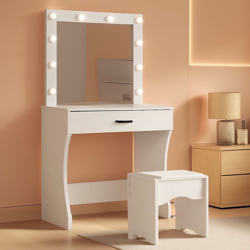 White Vanity Desk With Ultra Bright LED Mirror Storage-0