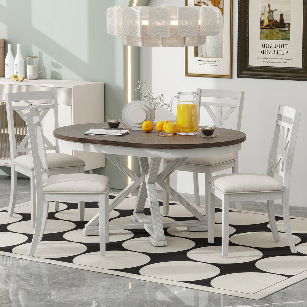 TREXM Retro Functional Dining Set with Extendable Round Table and 4 Upholstered Chairs in Brown + Antique White, Solid Rubber Wood with Linen Cushions