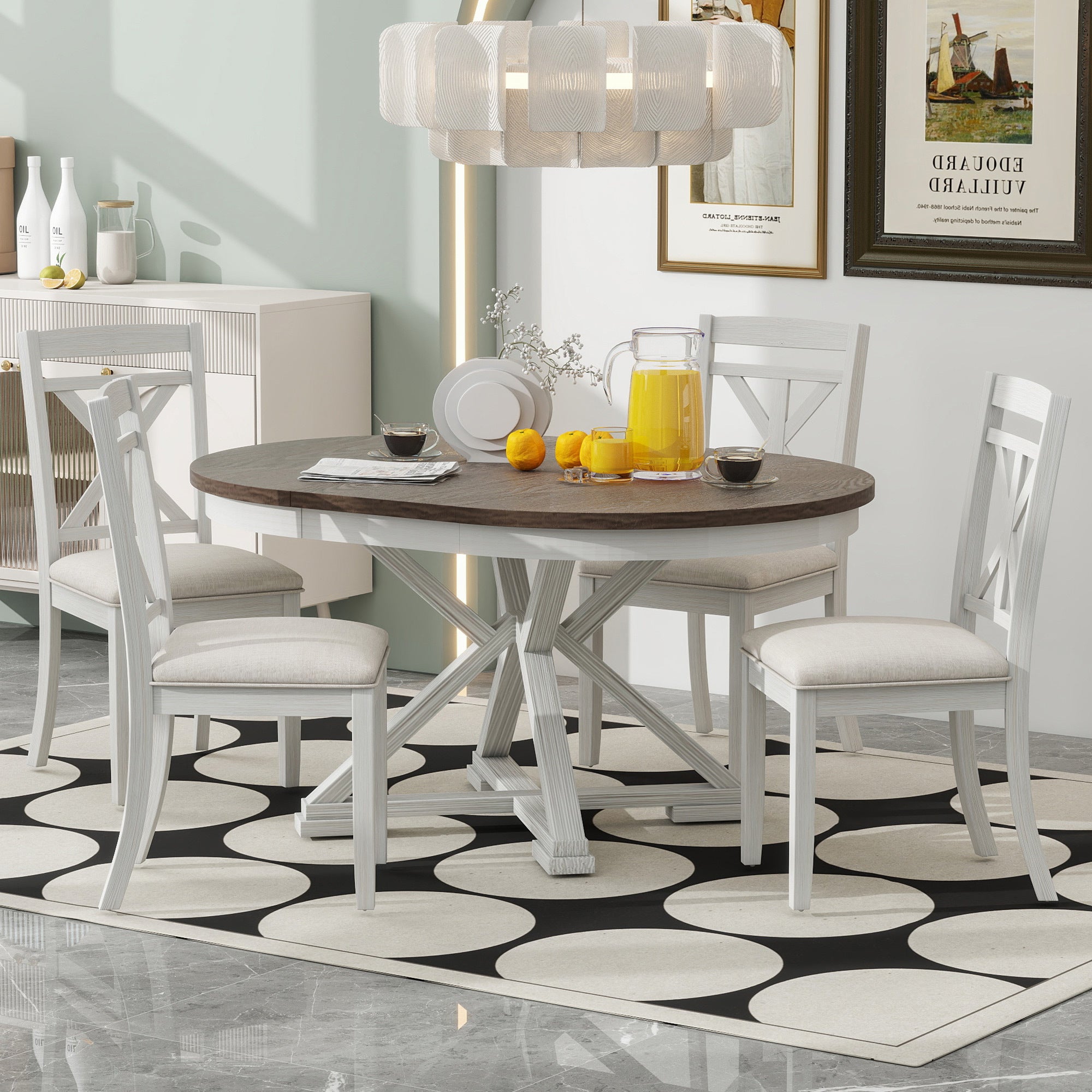 TREXM Retro Functional Dining Set with Extendable Round Table and 4 Upholstered Chairs in Brown + Antique White, Solid Rubber Wood with Linen Cushions