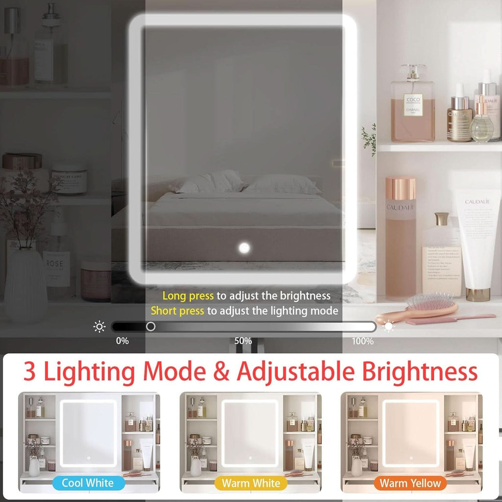 White Vanity Desk With Illuminated Mirror USB Charging Port-4