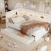 White Upholstered Twin Platform Bed with USB Ports and LED Belt, Includes Trundle, Linen & MDF Construction
