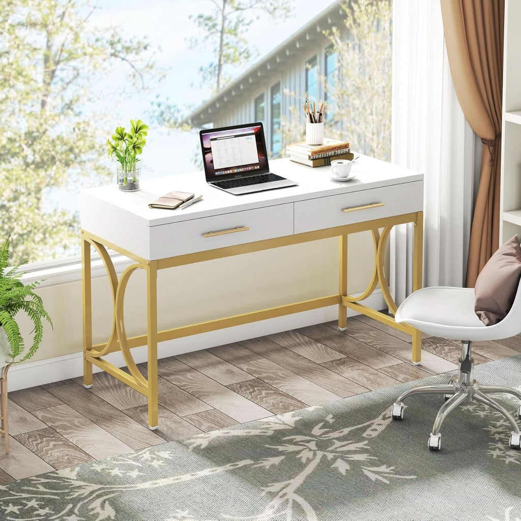 41 Inch White And Gold Computer Desk With 2 Drawers-3