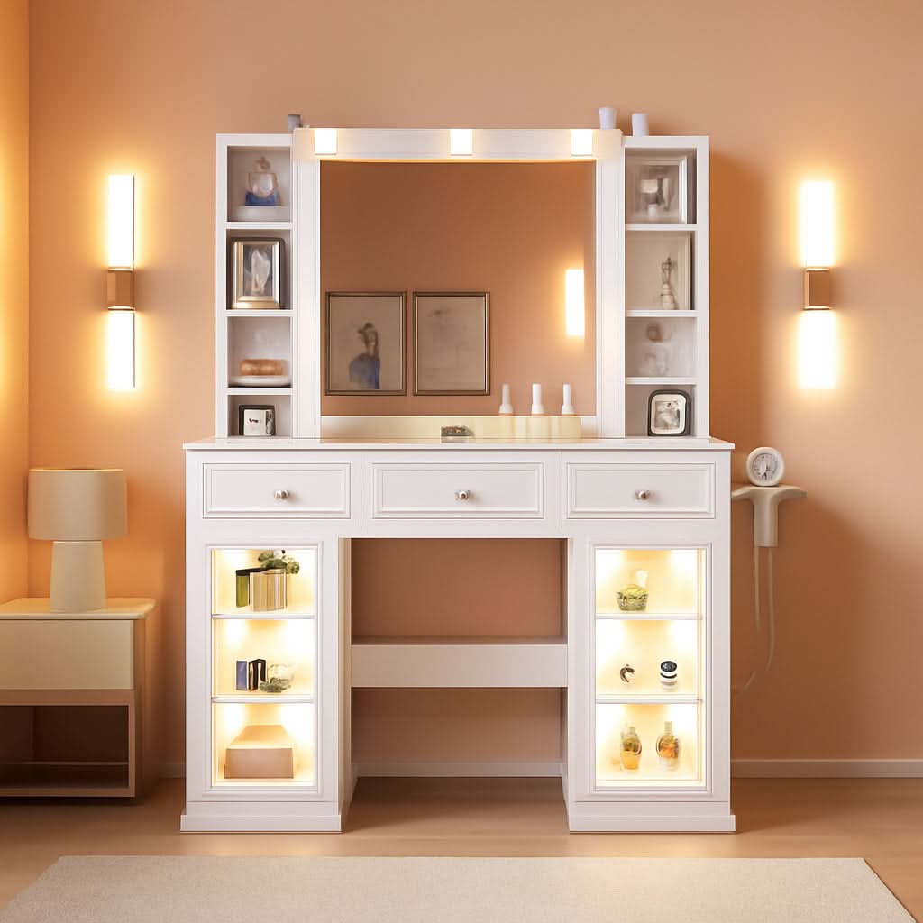 White Glass Vanity Desk With Multi functional Lighting-0